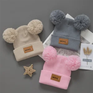 Infant Knit Beanies with Heart Pompoms